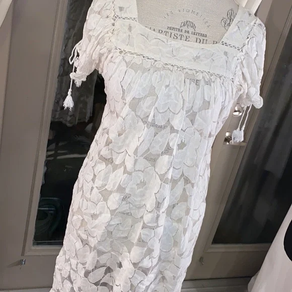 Trulli Ivory white sheer lace floral dress shortsleeve size XS​ - Picture 2 of 8